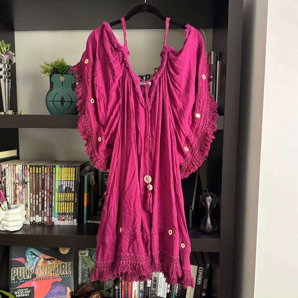 🌞 Earthbound Cold-shoulder Magenta Pink Boho Fringe Mini Dress
